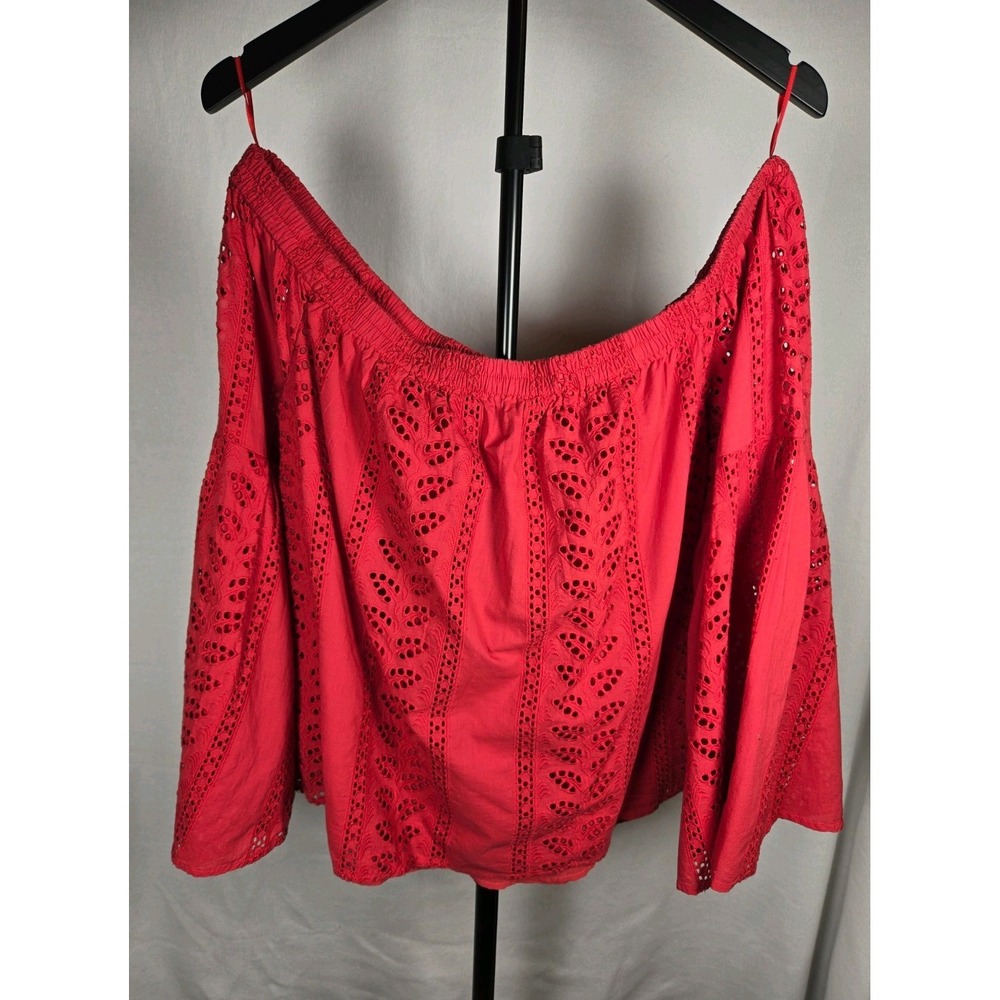 Women's Expess Off The Shoulder Bell‎ Sleeve Peplum Blouse Red Eyelet Size Large